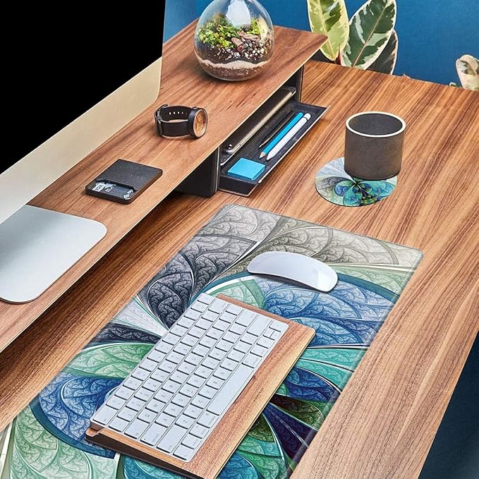 Large Gaming Mouse Pad Office Extended XL Mousepad Non-Slip Soft Keyboard Mouse Mat Home Desktop Writing Pad (31.5"×11.8") with Blue Fractal Flower Design + Cup Coaster and Cute Stickers