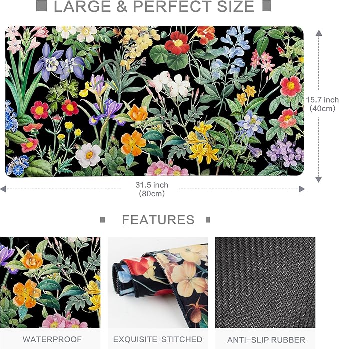 Lokigo Black Flower Desk Mat Floral Plants Mouse Pad, Wildflowers Large Gaming Mousepad Desk Pad, XXL Keyboard MouseMat Full Desktop Mat Women Office Accessories 31.5"x15.7"