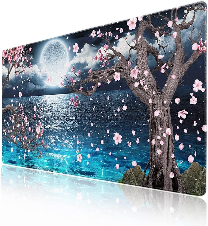 Pink Cherry Blossom Gaming Mouse Pad XXL Sakura Tree Blue Ocean Moon Night Extended Big Large Desk Mat Non-Slip Rubber Base Stitched Edge Long Keyboard Mousepad for PC Computer Laptop,35.4×15.7 in