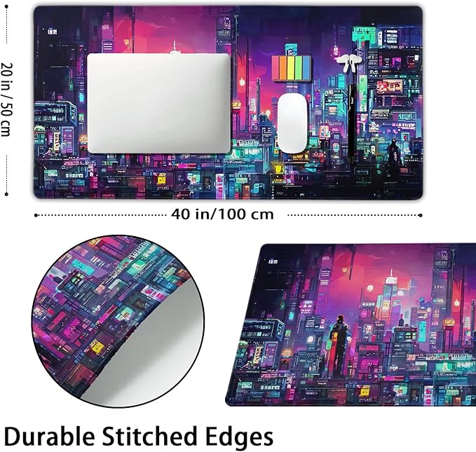 Retro Japanese Anime Gaming Mouse Pad Extended Cool Dark Purple Red Vaporwave City Large Desk Mat Big Mousepad Non-Slip Rubber Base Stitched Edge Long Desk Pad for Desktop Computer,40×20 Inch