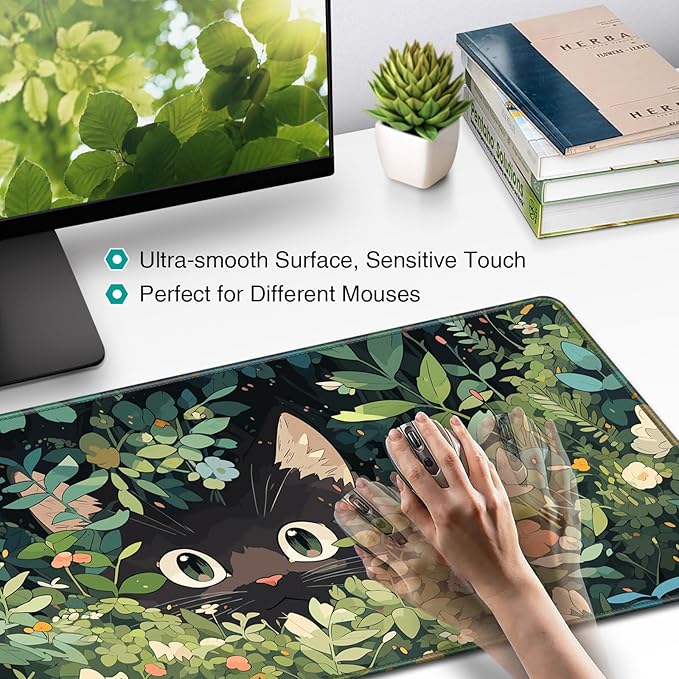 Anime Cat Mouse Pad, Green Desk Mat, Kawaii XXL Large Gaming Mouse Pad Keyboard with Stitched Edges Non-Slip, 35.4×15.7in Mousepad Mat for Desktop Computer Laptop Office Women Decor Funny