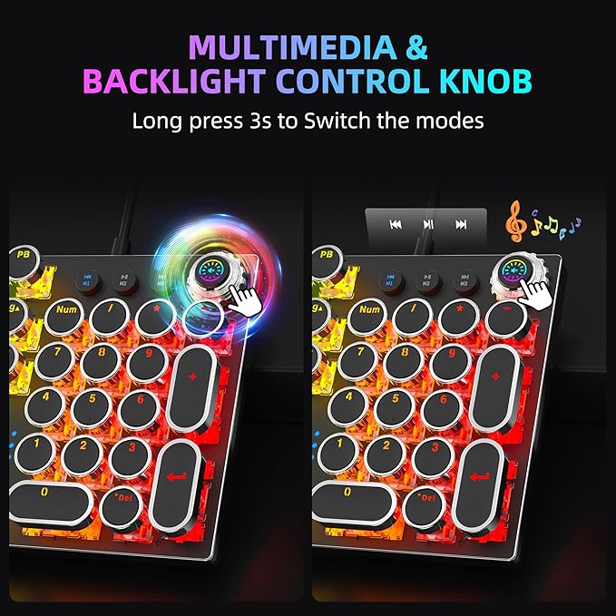 K968 Retro Typewriter Mechanical Gaming Keyboard - RGB Backlit Wired with Blue Switches, Media Control Knob for PC