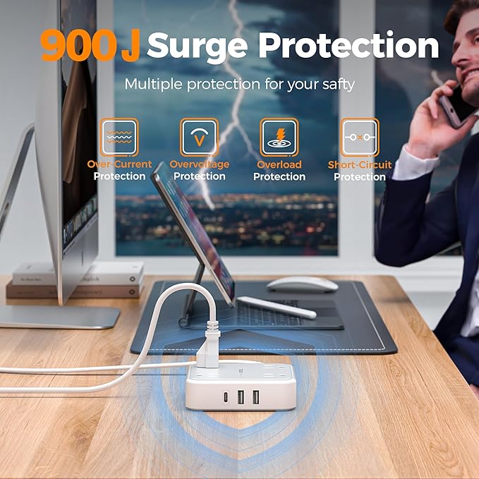 TESSAN Surge Protector Flat Extension Cord 5Ft, Ring Plug Power Strip with 4 Outlets 3 USB Ports (1 USB C), 900 Joules Protection, Multiple Wall Outlet Extender Suitable for Home Office Dorm, Grey