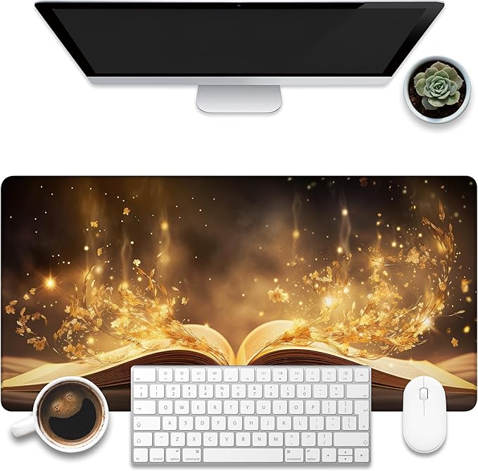 Desk Pad, Golden Magic Book Desk Mat, Fantasy Books Large Gaming Mouse Pad, 31.5"x15.7" Extended Big Computer Keyboard Mouse Pad with Non-Slip Base and Stitched Edge