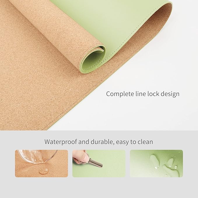 RENMTURE Dual-Sided Mouse Pad, Natural Cork & PU Leather Large Desk Pad for Office and Home Work, Desk Protector Non-Slip, Waterproof, Easy Clean (Light Green, 36"x17")