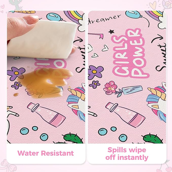 HAOCOO Kawaii Large Desk Mat for Girls, 35.4"x15.7" PU Leather Computer Pad, Waterproof Desk Protector Writing Pad, Cute Office Accessories for Women,Stitched Edges Keyboard Mat for Home