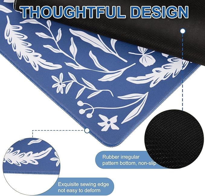 L-SPOUTTO Blue Floral Desk Mat for Keyboard and Mouse,Boho XXL Gaming Mouse Pad,Large 35.4x15.7in Non-Slip Rubber Base Keyboard Pad Waterproof Desktop Mat for Laptop Computer Work Home Office-Rabbits