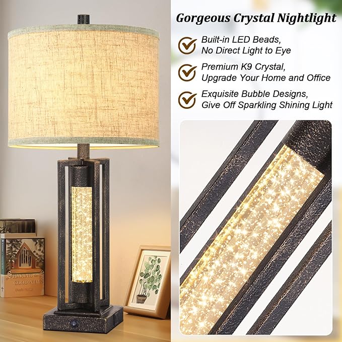 TOBUSA 26’’ Vintage Table Lamps for Living Room Set of 2, Rustic Lamps for Bedroom with 2 USB Ports and Crystal Night Light, Farmhouse Bedside Lamps with Linen Shade for Night Stands End Table, Bronze