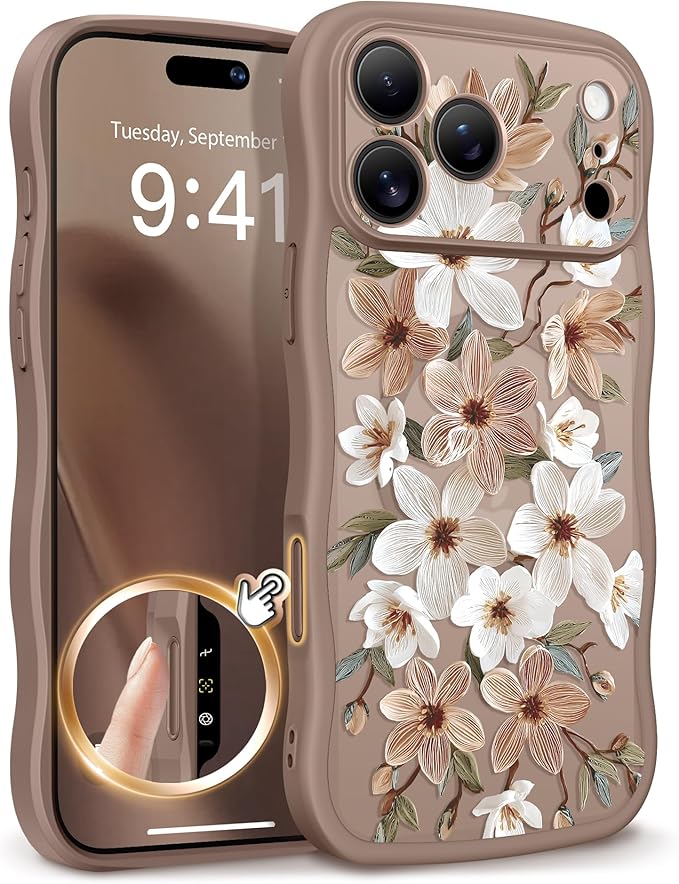 GVIEWIN for iPhone 17 Pro Case Compatible with MagSafe [Curly Wave Edge][Full Camera Protection] Floral Translucent Shockproof Magnetic Women Phone Case for iPhone 17 Pro 6.3'', Dogwood/Brown