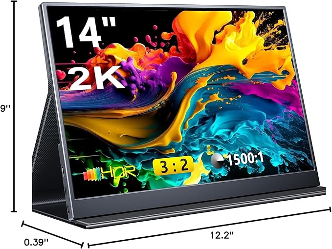 Portable Monitor, 14 inch 3:2 QHD IPS Laptop Display, Dual USB C HDMI Laptop Screen Extender, 2160 * 1440P Gaming Display with 2 Speakers, Travel Monitor for Laptop PS4/5 PC Phone Xbox Switch
