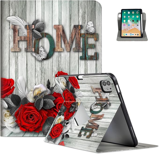 for iPad Air 11 Inch Case M4/M3/M2 2026/2025, 360 Degree Rotating for iPad Air 5Th/4Th Generation Cases 10.9-inch,for iPad Pro 11 Inch Case 4Th/3Rd/2Nd/1St Generation Pencil Holder, Rose Home