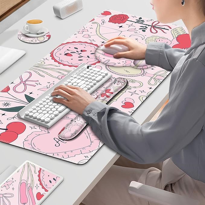 Gaming Mouse Pad, Large Desk Mat, Cute Desk Pad Protector, 4in1 XXL Mousepad + Keyboard Wrist Rest+Mouse Wrist Rest+Coaster Set with Ergonomic Desk Pad for Home Office Computer, Adorable Rose Bow