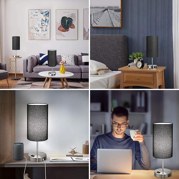 Black Touch Control Table Lamp Set of 2, with 2 USB Charging Ports&AC Outlet, 3-Way Dimmable Bedside Nightstand Lamps with Fabric Lampshade for Reading, Bedroom, Living Room, A19 LED Bulbs Included