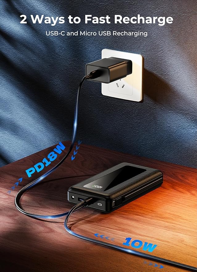 Power Bank, 50000mAh Portable Charger, Travel Camping Essential Battery Pack with Built-in Cables, PD 22.5W Fast Charging, Large Capacity Portable Phone Charger, Jet Black