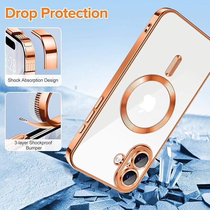 Hython Magnetic Clear for iPhone 17 Case with Camera Lens Protector [Compatible with MagSafe] Luxury Plating Edge Slim Soft TPU Cover Protective Phone Case for iPhone 17 6.3", Orange