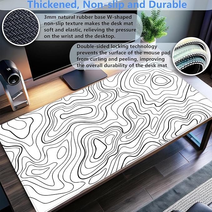 White and Black Topographic Abstract Art Desk Mat - Large XL Gaming Mouse Pad with Stitched Edges, Full Desk Keyboard & Mouse Pad for PC, Laptop, Office Decor (31.5"x15.7")