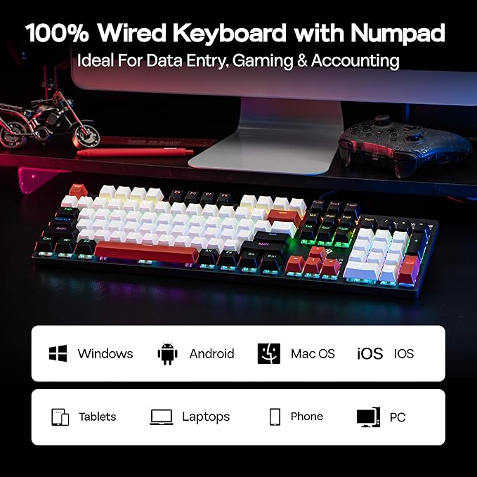 MechLands Aula S500 Wired Gaming Keyboard, 100% Full Size Mechanical Keyboard with Number Pad, 104 Keys, NKRO, RGB Backlits, Shine Through Keycaps, Ergonomic for PC E-Sports (Black&Red, Blue Switch)