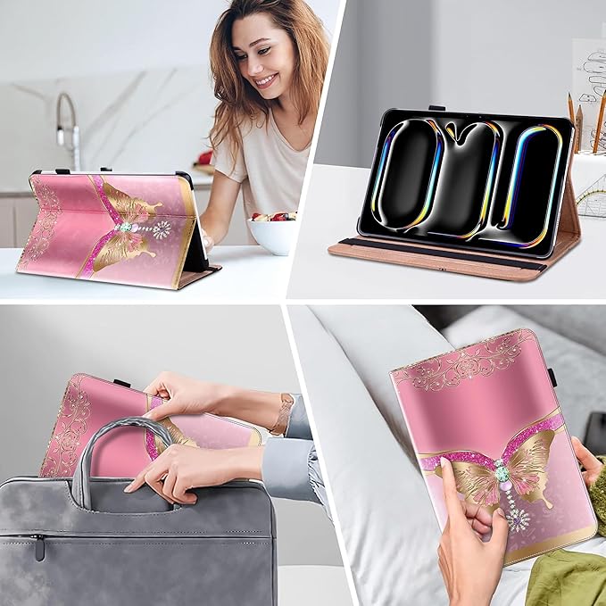Case for iPad Pro 11 inch Case (M5/M4) 2025/2024, Premium Leather Folio Stand Cover with Auto Wake/Sleep, Pencil Holder and Card Slots - Pink Butterfly