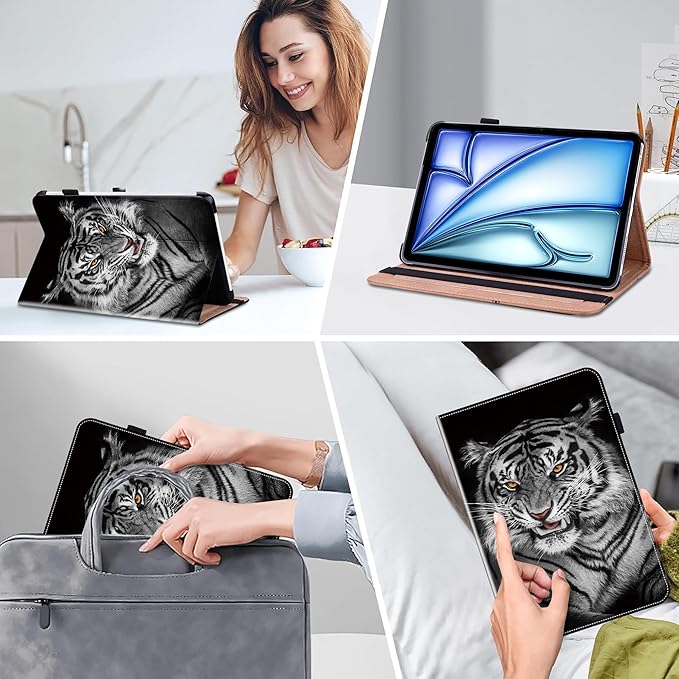 Case for iPad Air 13 inch M4 2026/M3 2025/M2 2024 with Pencil Holder & Card Slots & Auto Sleep, Embossed PU Leather Stand Magnetic Shockproof Cover Case for iPad Air 13 - Black Tiger