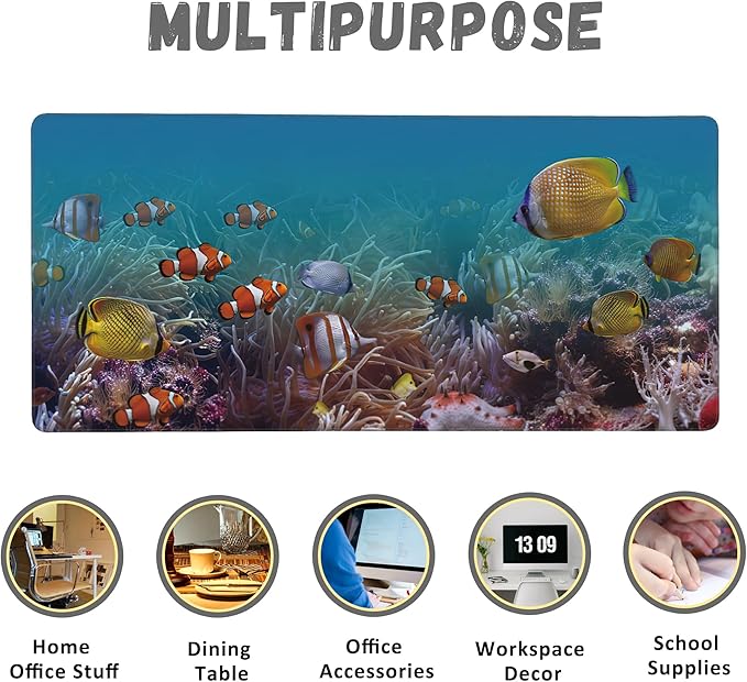 Large Mouse Pad Colourful Underwater World Exotic Fishes Extended Gaming Mouse Pad Non-Slip Desk Mat with Stitched Edge Laptop Computer Keyboard Mousepad for Office Home 35.4" x 15.7"