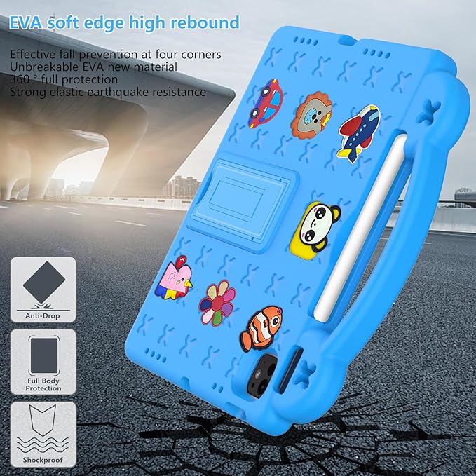 for iPad Air 11 inch Kids Case M3/M2 (2025/2024) & iPad Pro 11 Inch M4 Case 2024 with Pencil Holder/Handle/Kickstand Cute DIY Soft EVA Shockproof Stand Lightweight Tablet Cover,Sky Blue Bear