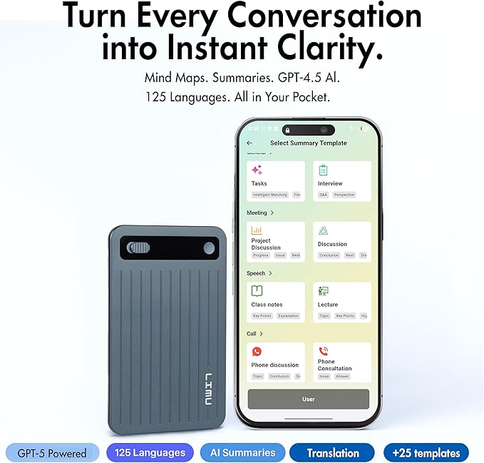 LIMU AI Voice Recorder, German Design AI Note Taking Device with GPT-5, Slim 64GB, 400 Min/Month Audio Recorder, Transcribe, Summarize, MindMap, 125 Language, AI Assist for Meetings, Calls, Lectures