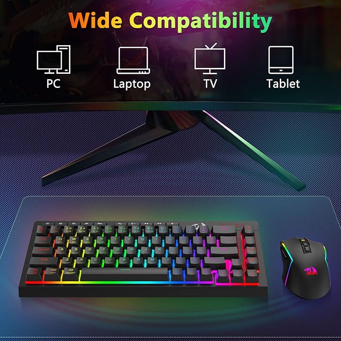Redragon Wireless Gaming Keyboard and Mouse Combo, Bluetooth/2.4G/USB-C Wired, RGB Backlit, 60% Portable Quiet Rechargeable Macro Membrane Keyboard & 12800 DPI Mouse with Software for Win/MAC