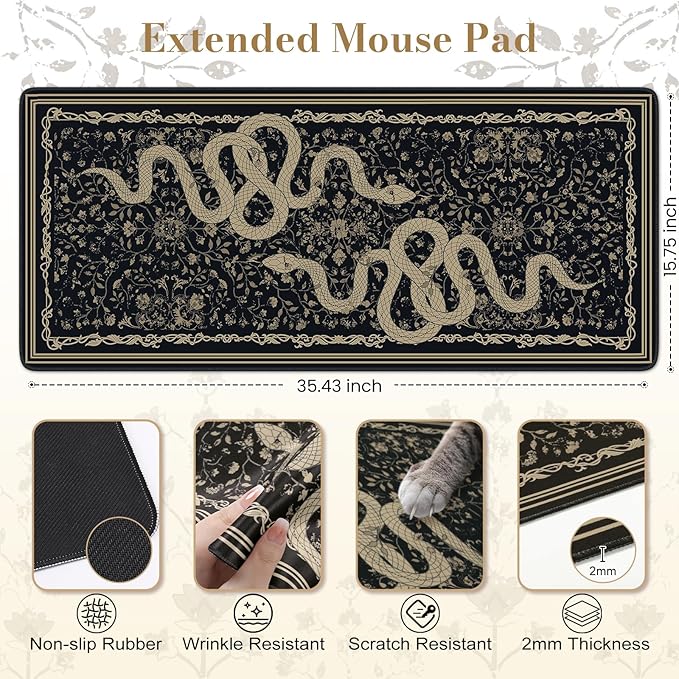 Large Desk Mat, Desk Matt for Desktop, Computer Gaming Mouse Pads, Stitched Edges Soft Mat for Desktop Office Home 35.4 x 15.7 Inches (Black Gold Snake)