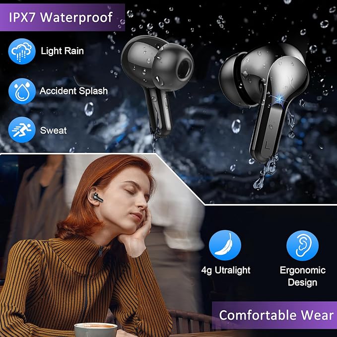 Wireless Earbuds, Bluetooth Headphones 5.4 HiFi Stereo Ear buds with ENC Noise Cancelling Mic, 40H Bluetooth Earbuds with Dual LED Display Charging Case, IP7 Waterproof Earphones for Android iOS
