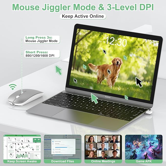 Wireless Mouse for MacBook Pro/Air, Bluetooth Rechargeable Mouse with USB-C, Slim Mouse Jiggler for iPad/iMac/Laptop/PC, 2.4G Dual Mode, Silent Click, Compatible Mac OS/Windows, Silver