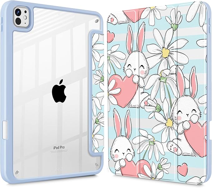 May Chen for iPad Pro 13 Inch Case M5 2025 / M4 2024, Built Pencil Holder & Clear Transparent Print Back Shell Slim Stand Shockproof Tablet Cover, Auto Wake/Sleep, Heart Rabbits