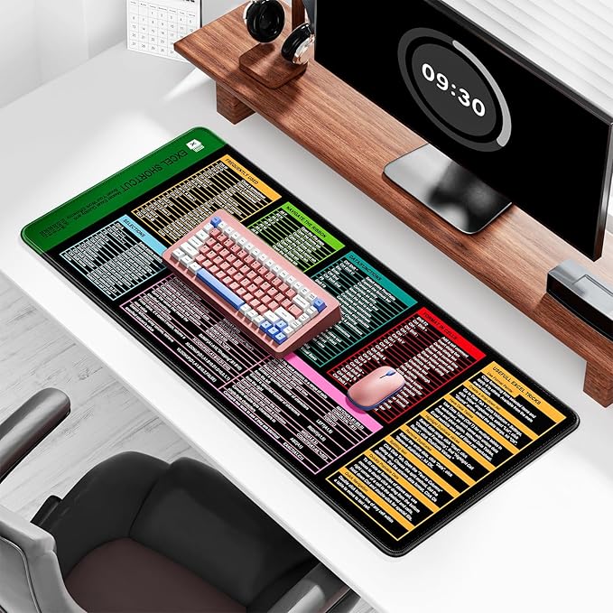 Auhoahsil Large Mouse Pad, XL Gaming Mousepad, Desk Mat for Desktop, Thick Rubber, Big & Long Size, Stitched Edges, Full Desk Pad for Laptop & Computer, Extended 31.5 x 11.8 in, Excel Shortcut