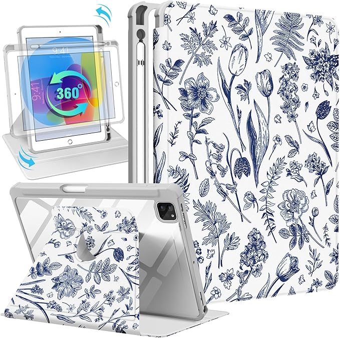 Uppuppy for iPad Air 11 inch Case, Air 5th/4th Generation 10.9, Pro 11'' Case Women Girls for Apple Pencil Holder Cute Girly Flower Floral Rotating Folio Cover for iPad Air 5/Air 4/Pro 11"