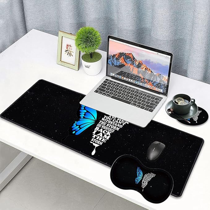 3 Piece Mouse Pad Set with Stitched Edge Large Anti-Slip Mouse Pad Desk Pad Keyboard Pad + Wrist Rest Pad + Coaster, Memory Foam Wrist Rest for Office/Home - Starry Sky Butterfly