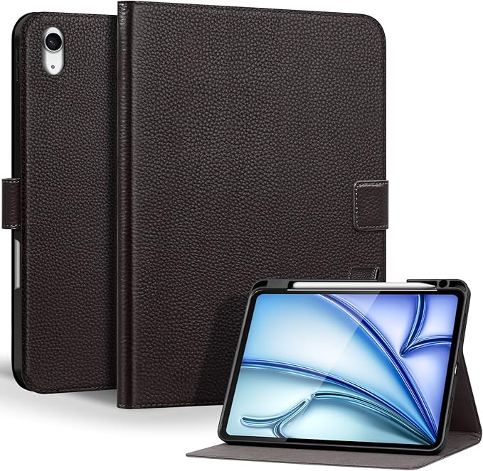 Genuine Leather Case for iPad Air 11" M4 2026/M3 2025/M2 2024, 5th/4th Gen 10.9" | with Pencil Holder and Adjustable Stand, Magnetic Closure, Auto Wake/Sleep Cover | Dark Brown