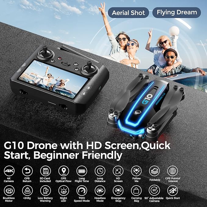 GPS Drone with 4K HD Camera for Adults,4.5 inch HD Screen on Remote Controller,FPV RC Drones with Auto Return, Follow Me and Lightweight,2 PCS Batteries for Long Flight Time,Easy Fly Quadcopter for Beginners,Under 250g