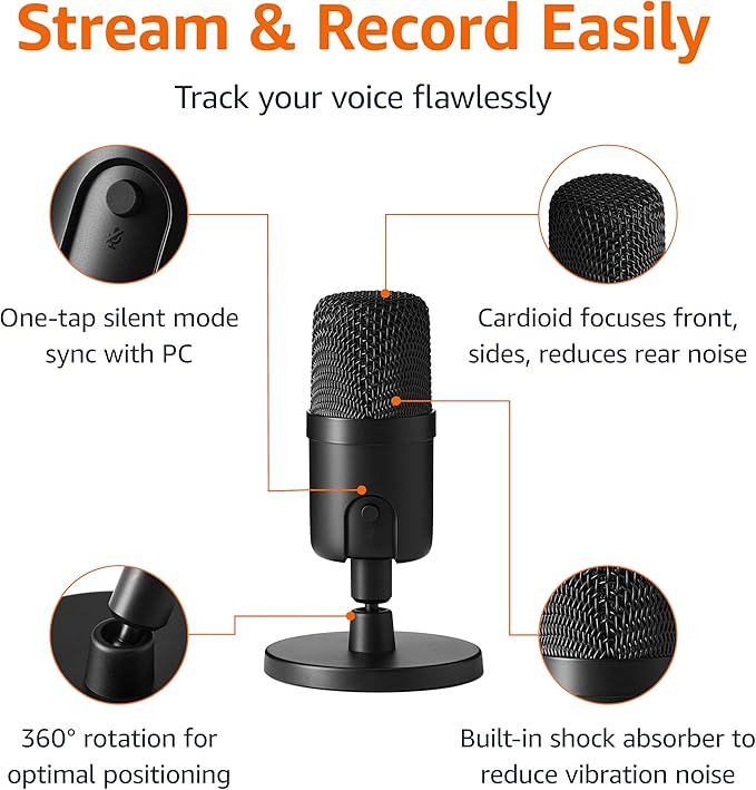 Amazon Basics USB Condenser Microphone for Streaming, Recording, and Podcasting on PC, Plug and Play, Cardioid Pickup, Adjustable Stand with 360° Rotation, Clear Sound, 5.8 x 3.4 inches, Black