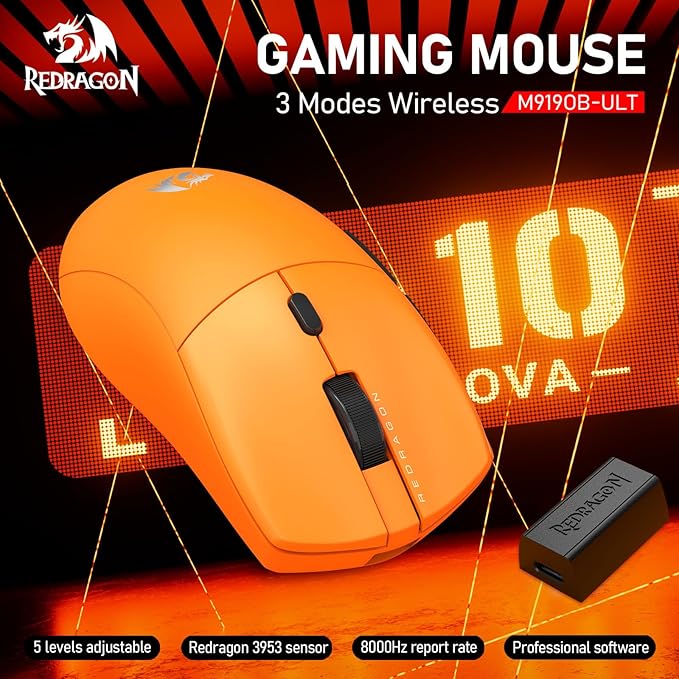 Redragon M919 Pro Wireless Gaming Mouse Esports, 54g Lightweight, 8K Polling Rate, 45K DPI Optical Sensor, 6 Programmable Buttons, 85 Hr Battery, BT5.1/2.4GHz/USB-C Wired Gamer Mouse for PC/Mac