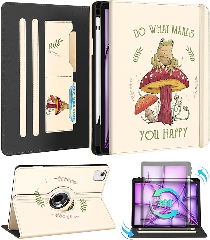 Kidcube for iPad Air 13 Inch Case (M3/M2)/for iPad Pro 12.9 Cases 6th/5th (2022/2021) - Women Girls Kids Cute Rotating Stand Folio Cover with Pencil Holder & Card Slot Design Cool Frog Mushroom Cover