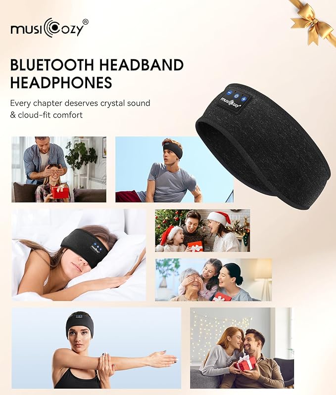 MUSICOZY Sleep Headphones Bluetooth 5.4 Headband, Wireless Earphones Music Sleep Earbuds Sleeping Eye Mask with HD Stereo Speakers for Workout Running Travel Yoga, Ideal Gifts (Double-Sided Black)