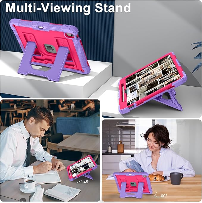 Kids Friendly Case for iPad Air 13 Inch M4 M3 M2 2026/2025/2024 Case with Pencil Holder & Shoulder Strap, Military Grade Shockproof Kickstand Hard Shell Protective Cover,Rose+Purple