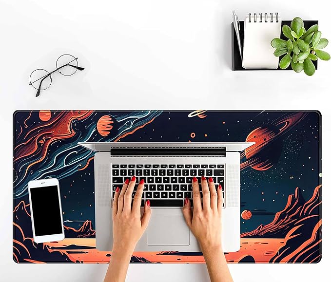Painted Planets Desk Mat Outer Space Desk Pad, Orange Black Gaming Mouse Pad, Large Keyboard Mouse Mat Work Game, Deskmat with Stitched Edges XXL, Fun Office Decor Desk Accessories 31.5"x15.75"