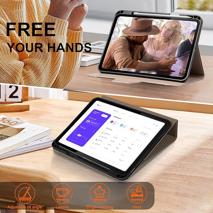 Leather Case for iPad Air 11" M4/M3/M2 (2026/2025/2024) & 10.9" 5th/4th Gen (2020/2022) with Pencil Holder & Buckle, Auto Wake/Sleep, Shockproof Adjustable Stand,Gray Brown