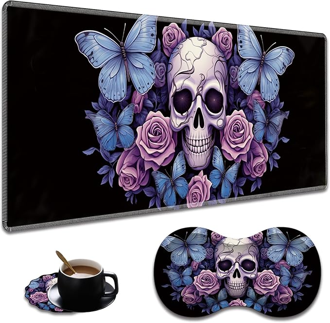 Extended Non-Slip Mouse Pad + Mouse Wrist Rest + Lace-Shaped Coaster Set, Ergonomic Design, Suitable for Desk and Home Gaming Table Mat, Skull Butterfly Roses