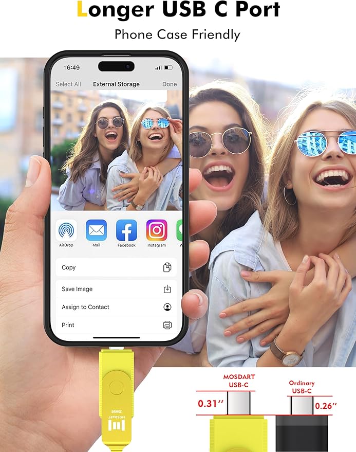 MOSDART 256GB USB C 3.2 Fast Speed C and A Dual Flash Drive, exFAT Memory Stick with Keychain and LED Indicator, for iPhone 15,16, 17, Android Phone, iPad, MacBook, and Other Laptops,Yellow
