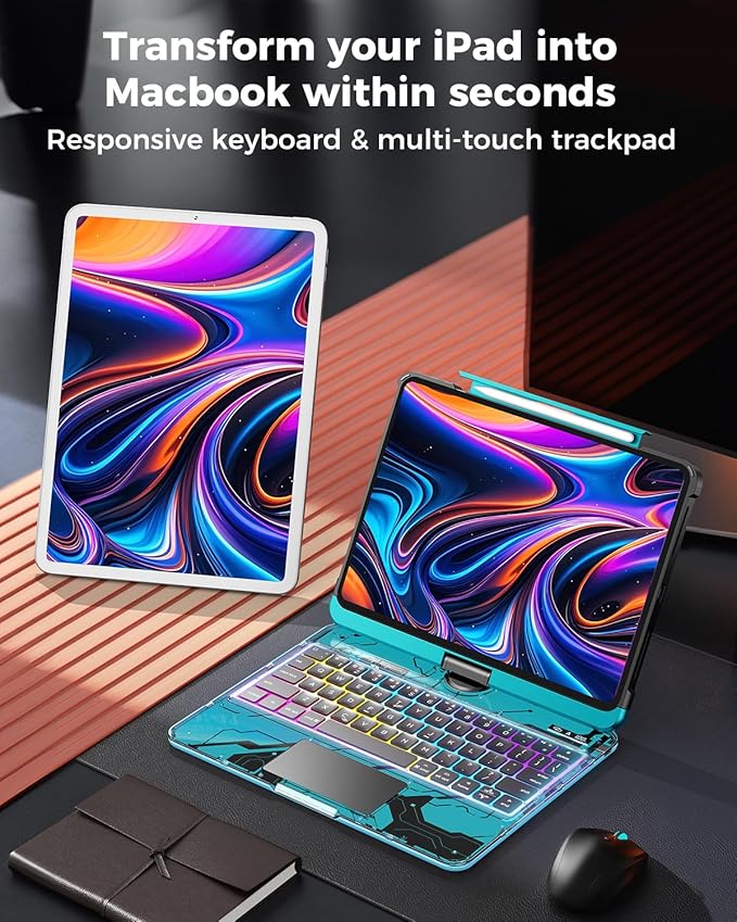TSQQST Clear Wireless Keyboard Case for iPad Pro 13 Inch M5/M4 2025/2024 with Pencil Holder & Multi-Touch Trackpad, Visible PCB High-Tech Style, 3-Brightness & 7-Color Backlight, 360 Rotatable, Blue