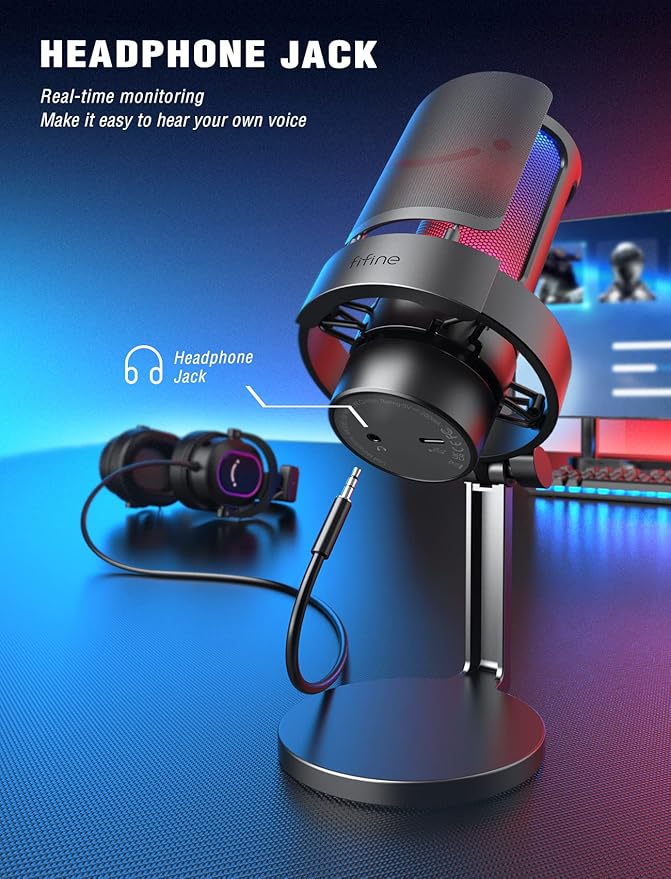 FIFINE Gaming Microphone, USB PC Mic for Streaming, Podcasts, Recording, Condenser Computer Desktop Mic on Mac, with RGB Control, Mute Touch, Headphone Jack, Pop Filter, Stand-AmpliGame A8