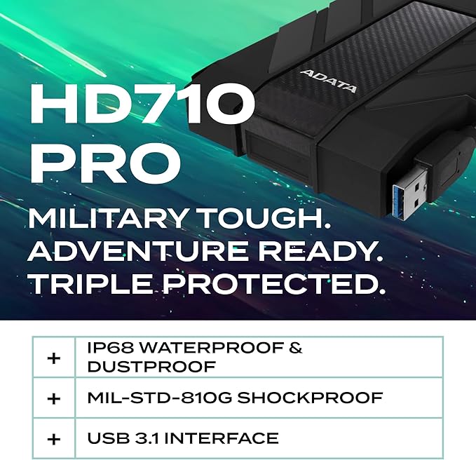 ADATA HD710 Pro - 2 TB External Hard Drive - Shockproof, Waterproof & Dustproof - Durable Storage - For Gamers, Students & Professionals - Mac, PC & Linux Compatible - Black - AHD710P-2TU31-CBK