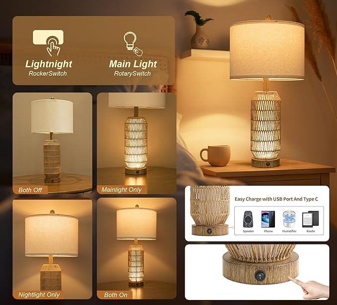 OYEARS 25" Table Lamps Set of 2 with Night Light,Bedside Lamps for Bedroom,Boho Lamps with USB C+A Charging Ports,Farmhouse Table Lamp with Rattan,Frosted Glass,Linen Shade,Wood Grain (Bulb Included)
