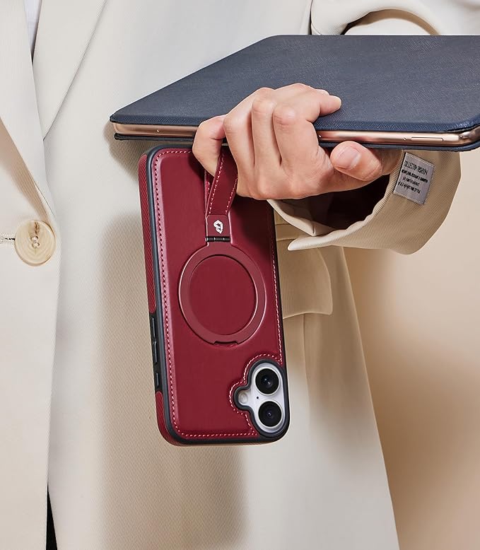 Butaiga for iPhone 17 Leather Case with Stand, Anti-Slip Grip Ring, Fits for MagSafe (Burgundy, iPhone 17)